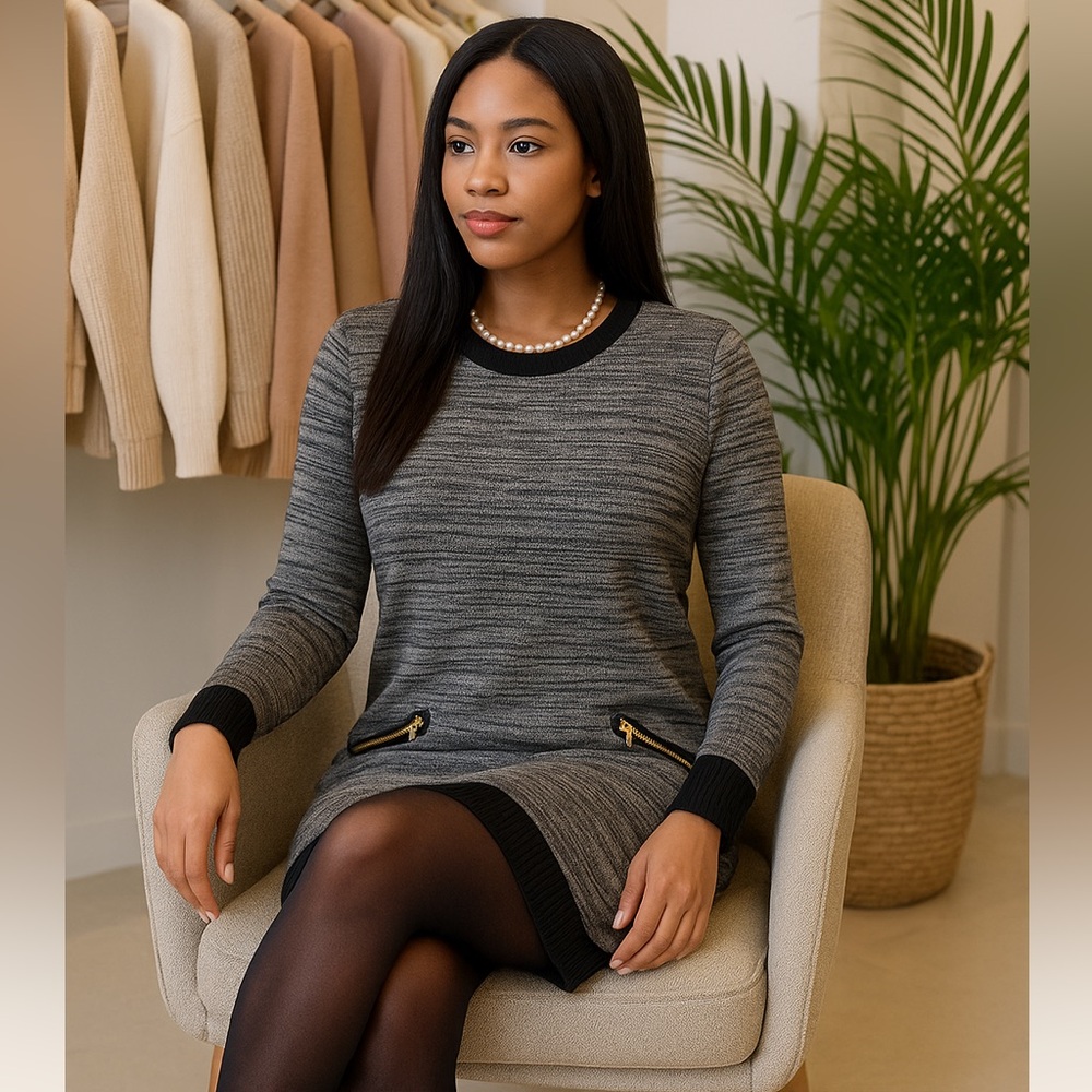 Gray Marled Knit Sweater Dress with Gold Zipper Pockets